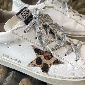 Golden Goose low top platform sneaker with leopard star and silver glitter laces